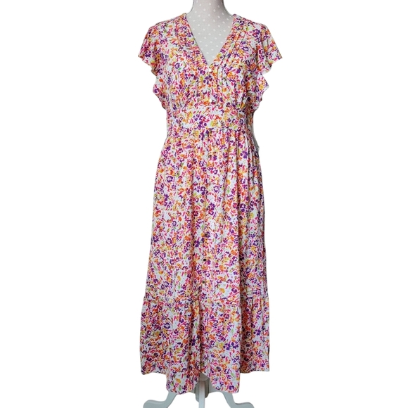 JULIA JORDAN Flutter Sleeve Midi Dress Button Front Red-Multi Cottagecore - Picture 1 of 14